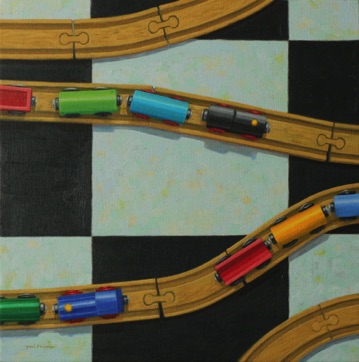 Trains on black and white floor - Oil on canvas 41cmx41cm